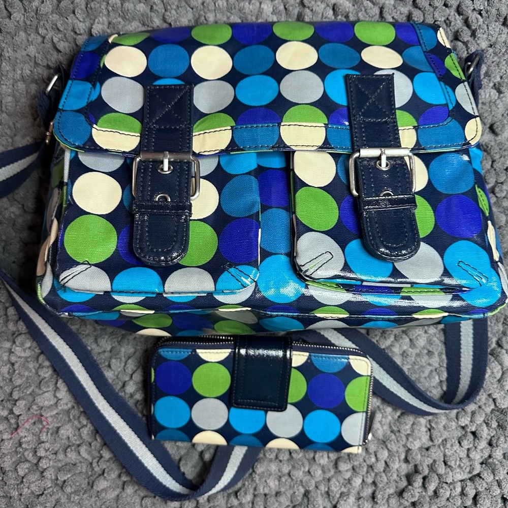 Boden Polka Dot oilcloth messenger bag and matching wallet - Blue and Green